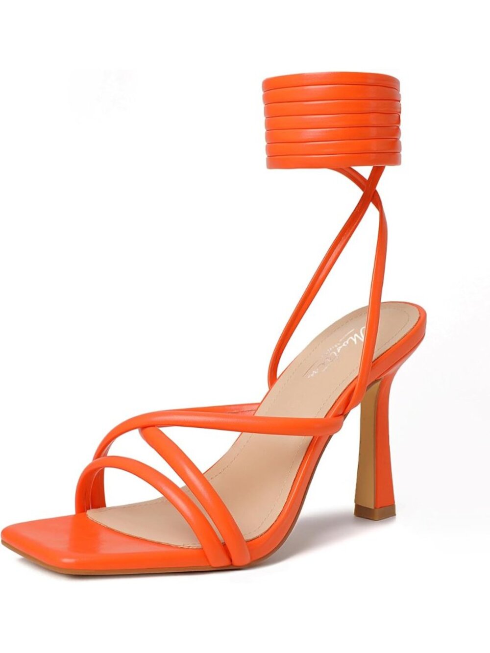 Women's Orange Strappy Heels Lace Up Square Open Toe Heels Tie Up High Heels